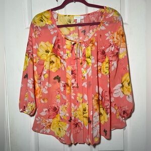 CHARTER CLUB Coral /Yellow 3/4 Sleeves Ruched and tie Neck Women’s Blouse Sz P/M